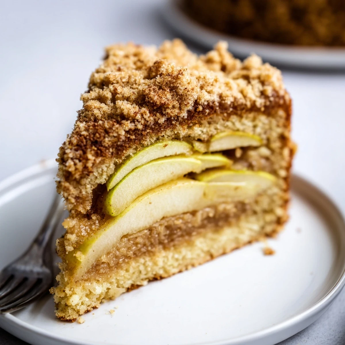 Moist slices of Rustic German Apple Streusel Cake showcase caramelized apples beneath a buttery streusel.