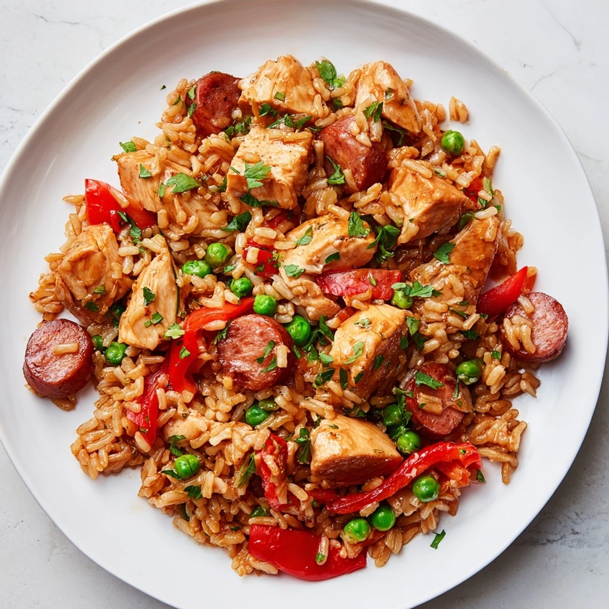 A sizzling skillet showcasing a delicious One-Pot Chicken and Chorizo Rice Skillet, ready for serving.