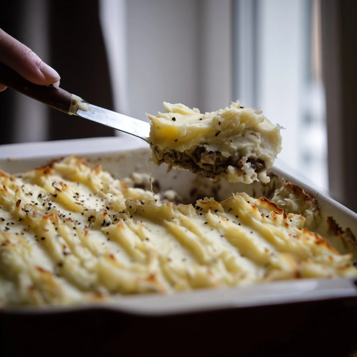 A close-up of a golden-brown Hearty Mushroom and Lentil Shepherds Pie, showcasing the creamy mashed potato topping.