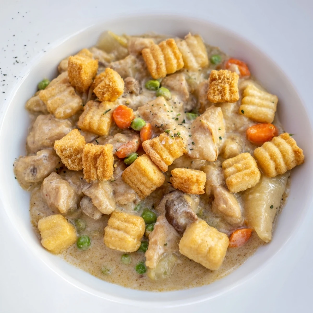 A close-up of a bubbling Chicken Pot Pie Skillet, fresh from the oven, ready to serve and enjoy.