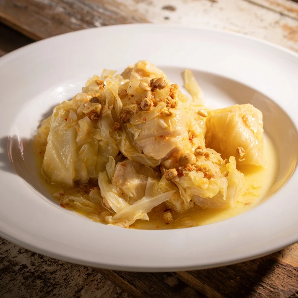 Effortless pork and sauerkraut stew simmering in a Dutch oven, inviting you to imagine the savory flavors.