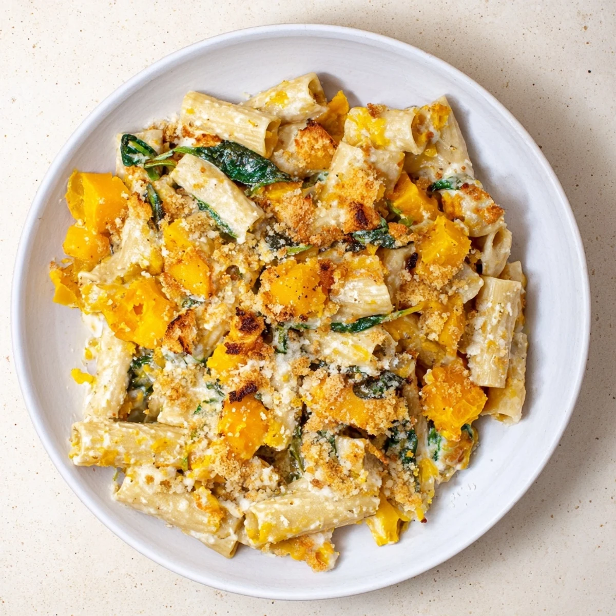 Golden, bubbly Butternut Squash Pasta Bake, perfect for a comforting and flavorful vegetarian meal.