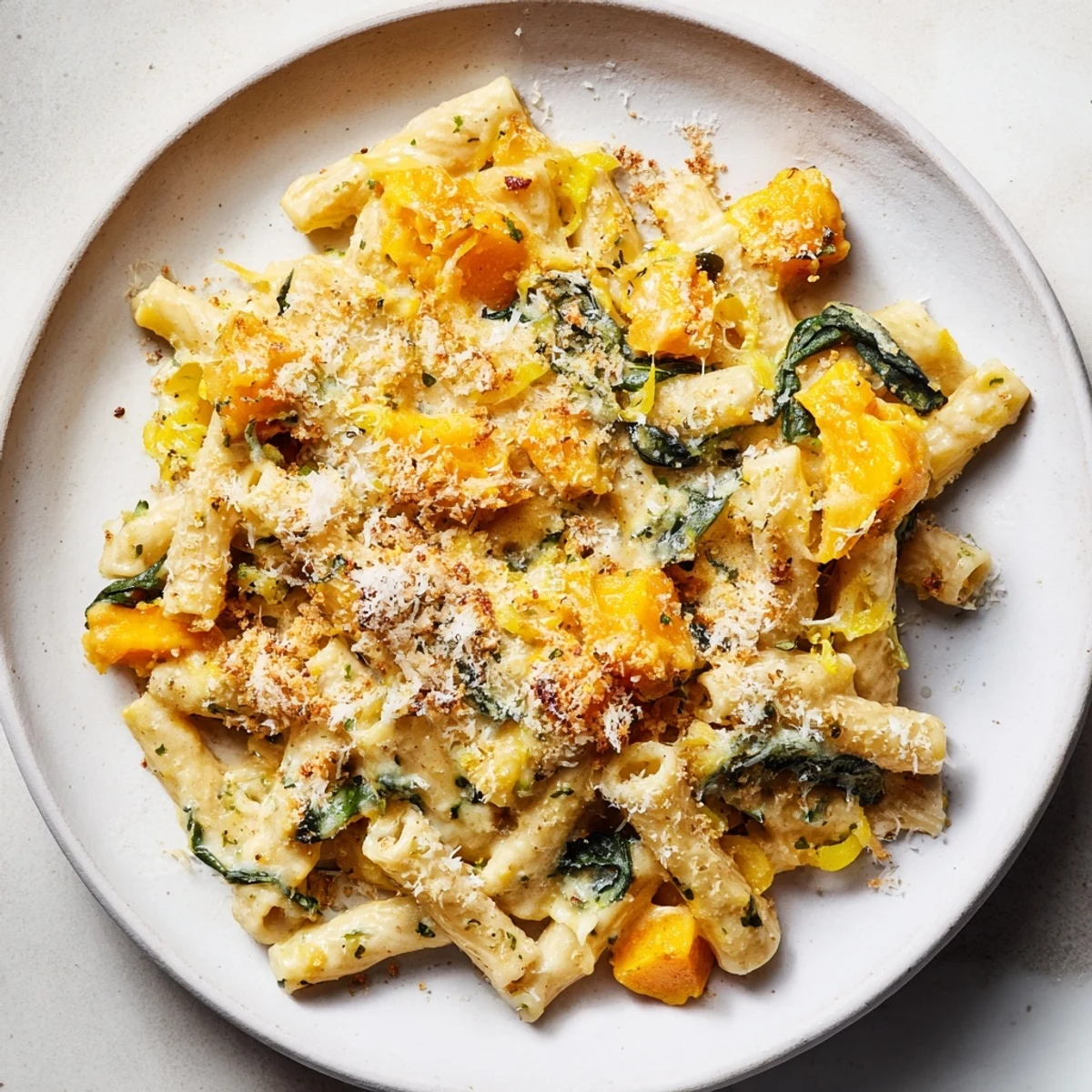 A close-up of cheesy Butternut Squash Pasta Bake—look at the creamy squash and perfectly cooked pasta!