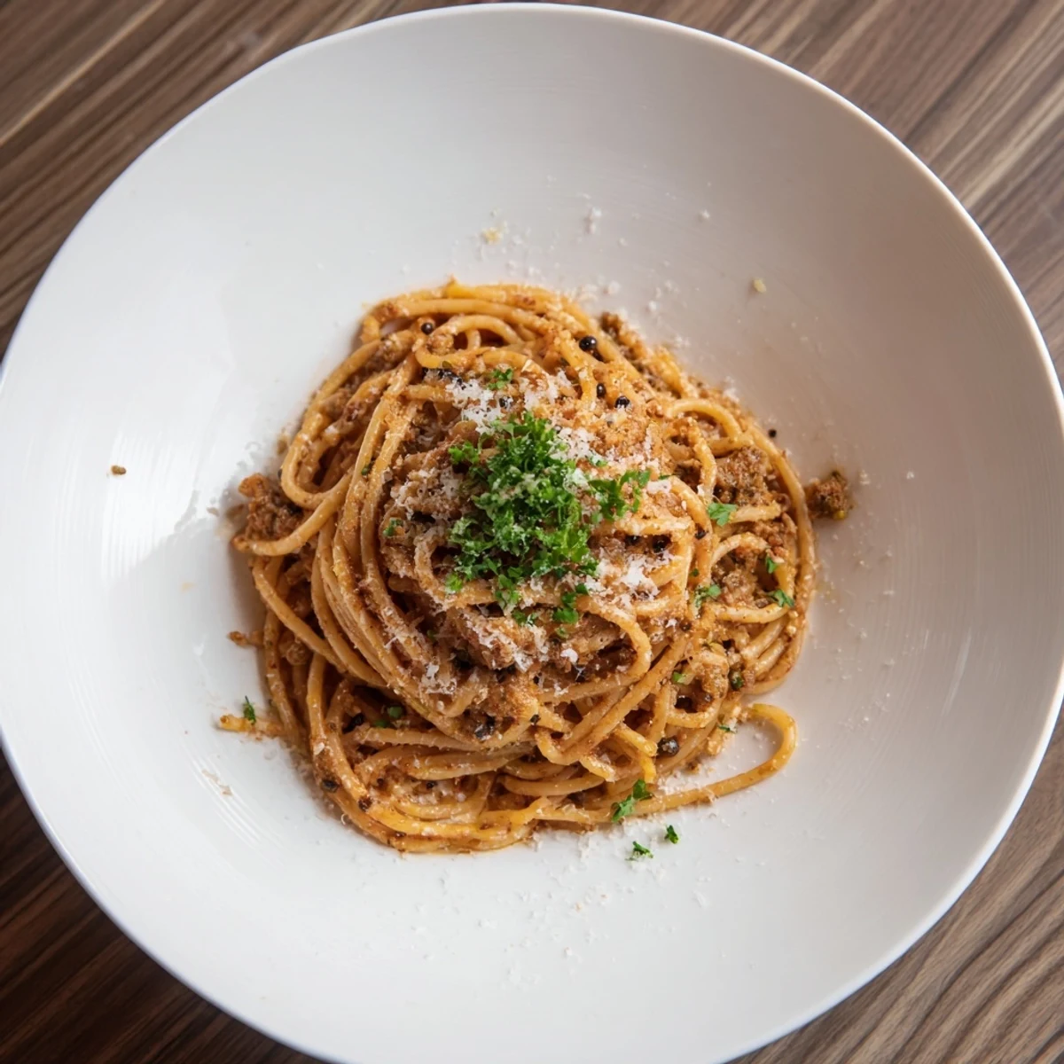 A close-up shot of the simple 4-Ingredient Garlic Butter Pasta, ready to serve with fresh parsley.