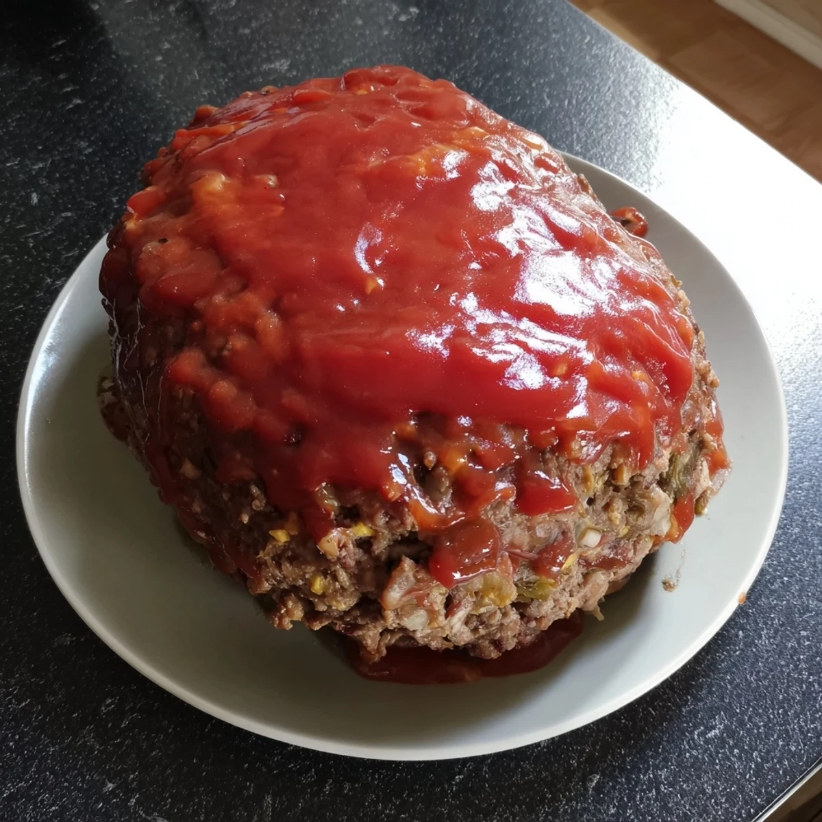 Close-up of The Secret Stove Top Stuffing Meatloaf, glistening with ketchup glaze and ready to be served.
