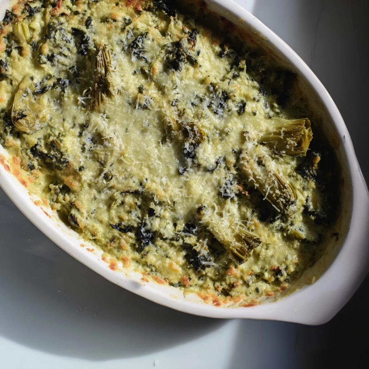 Golden, bubbly Baked Spinach and Artichoke Dip, perfect for dipping tortilla chips or crackers.