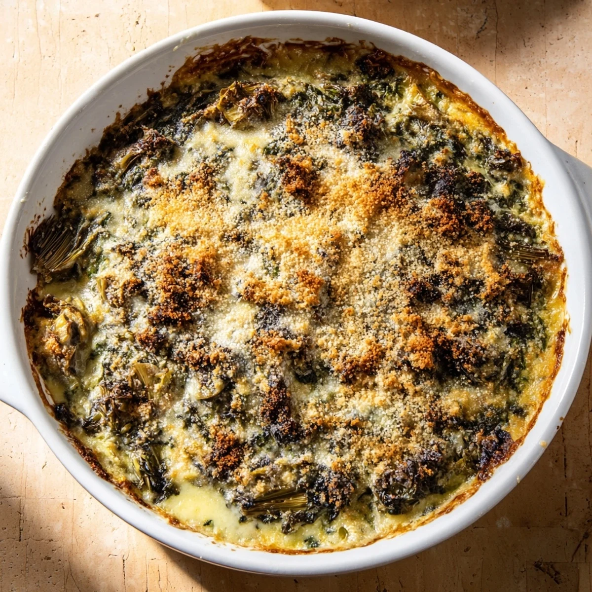 Creamy Baked Spinach and Artichoke Dip, served with fresh vegetables after baking to perfection.