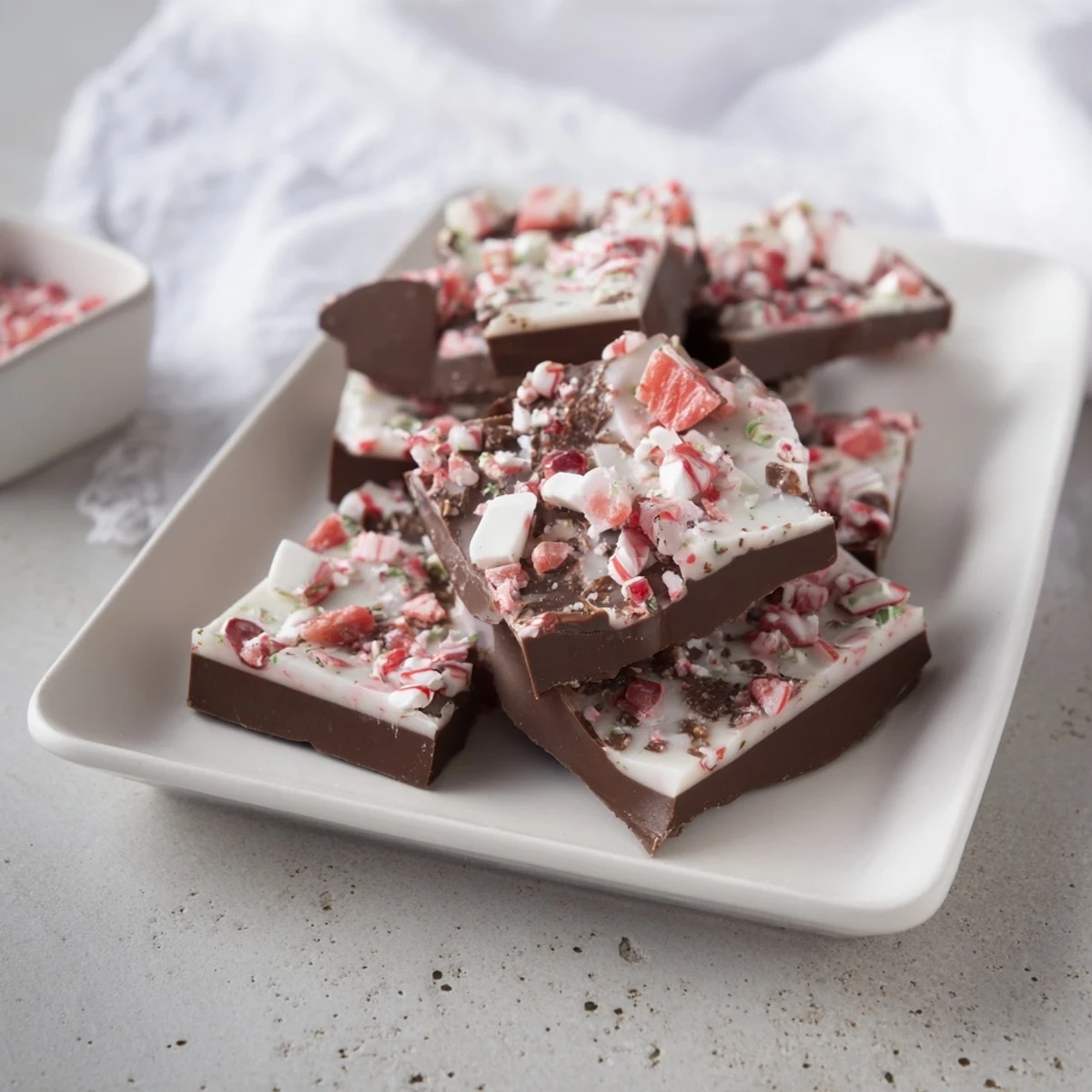 A close-up of gorgeous, decadent Viral Chocolate Peppermint Bark, ready for holiday gifting, a delightful dessert.