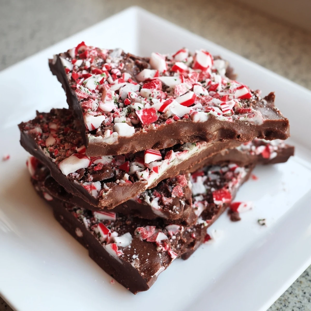 Shiny, broken pieces of Viral Chocolate Peppermint Bark display layers of dark and white chocolate with peppermint.