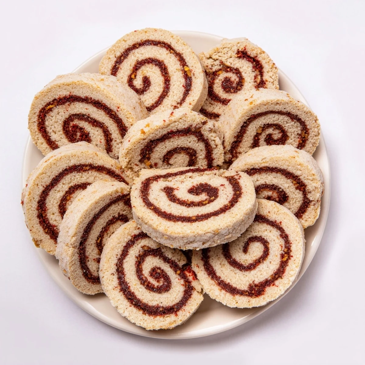 Close-up of freshly baked Holiday Pinwheel Cookies, showcasing vibrant red and white swirls.