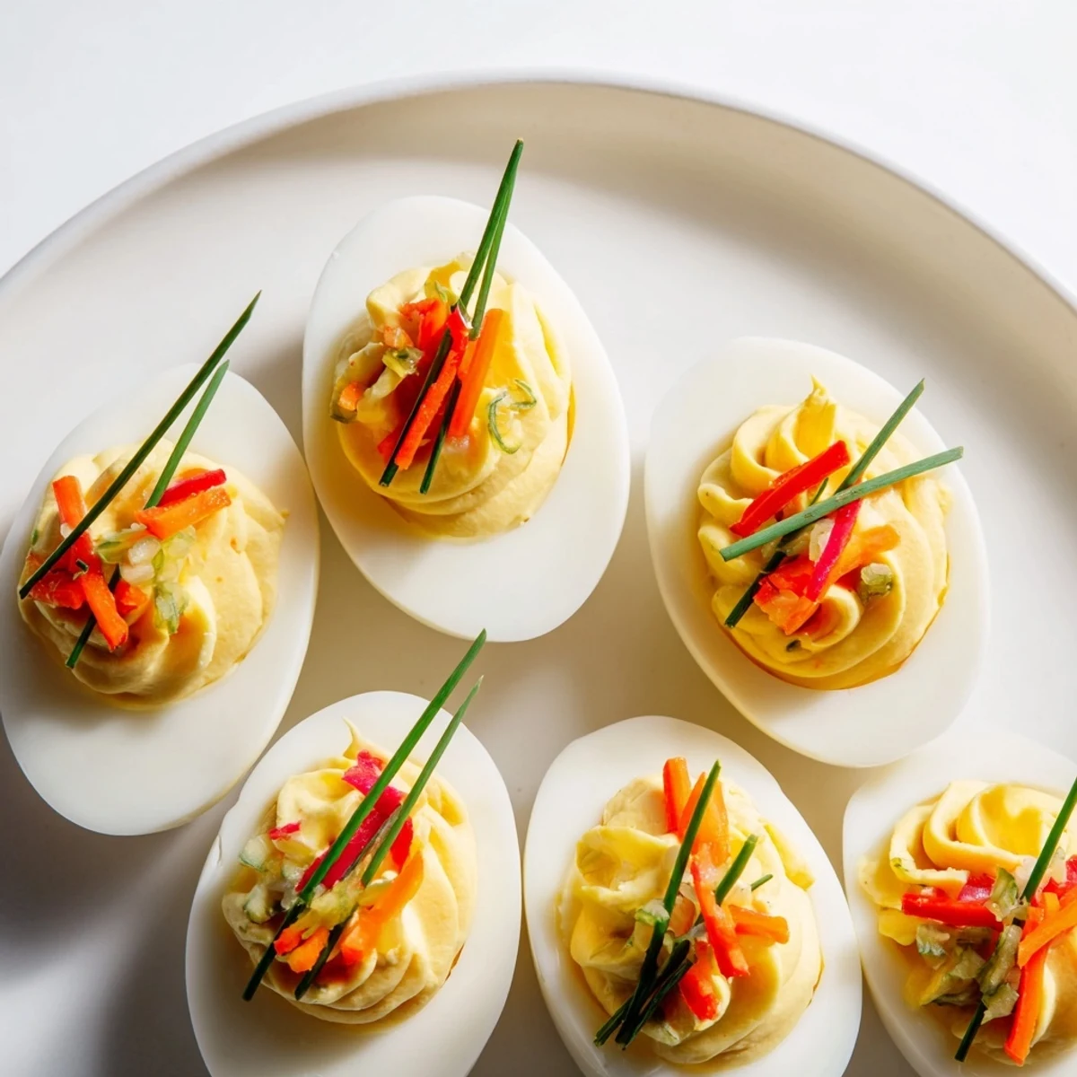 Festive deviled egg ornaments, bright red and green peppers atop creamy egg filling.