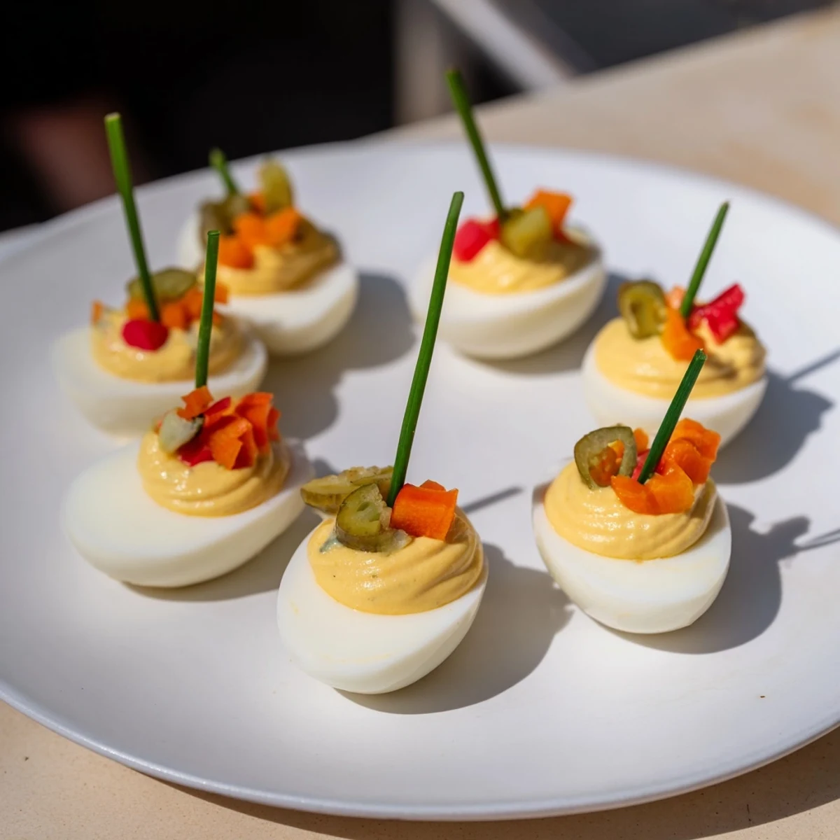 These colorful festive deviled egg ornaments offer a delightful party appetizer, ready to enjoy.