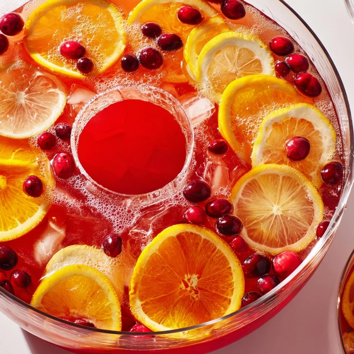 Festive Quick Holiday Punch with an Ice Ring, garnished with citrus, offering a refreshing, bubbly treat for guests.