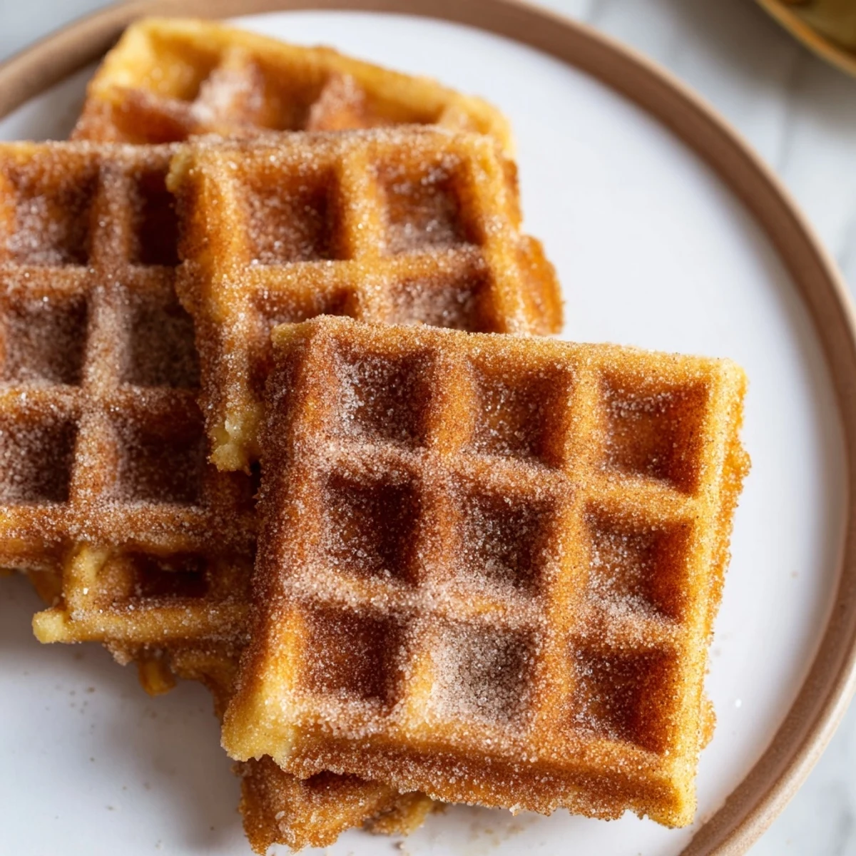 A plate of delicious Express Cinnamon Sugar Churro Waffles, perfect for a quick breakfast or dessert treat.
