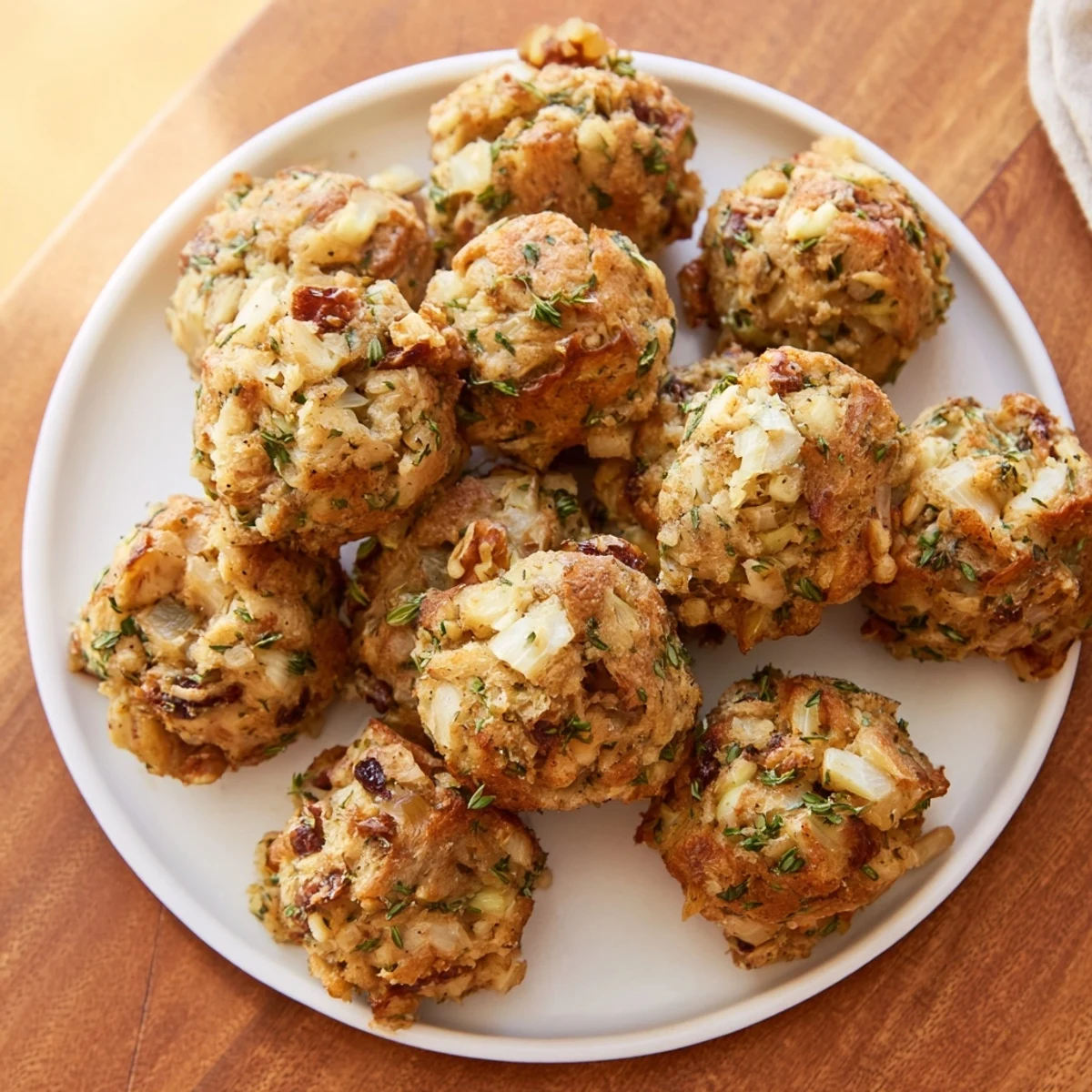 Golden, crispy Quick Christmas Stuffing Balls, herb-filled and ready to serve for a holiday feast.