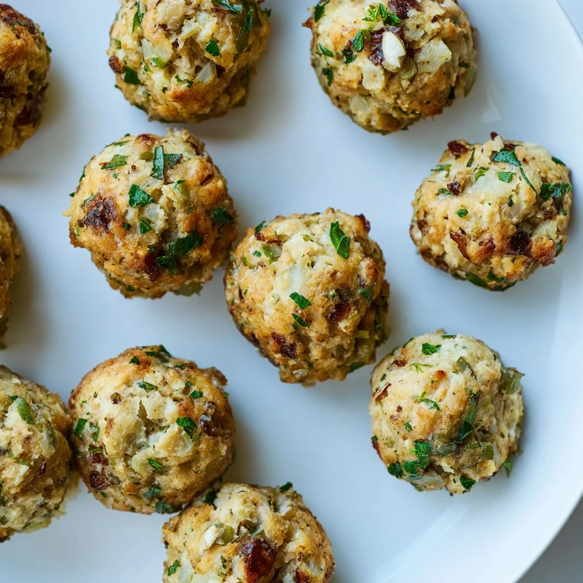 Close-up of baked Quick Christmas Stuffing Balls, wonderfully aromatic and perfect with gravy.