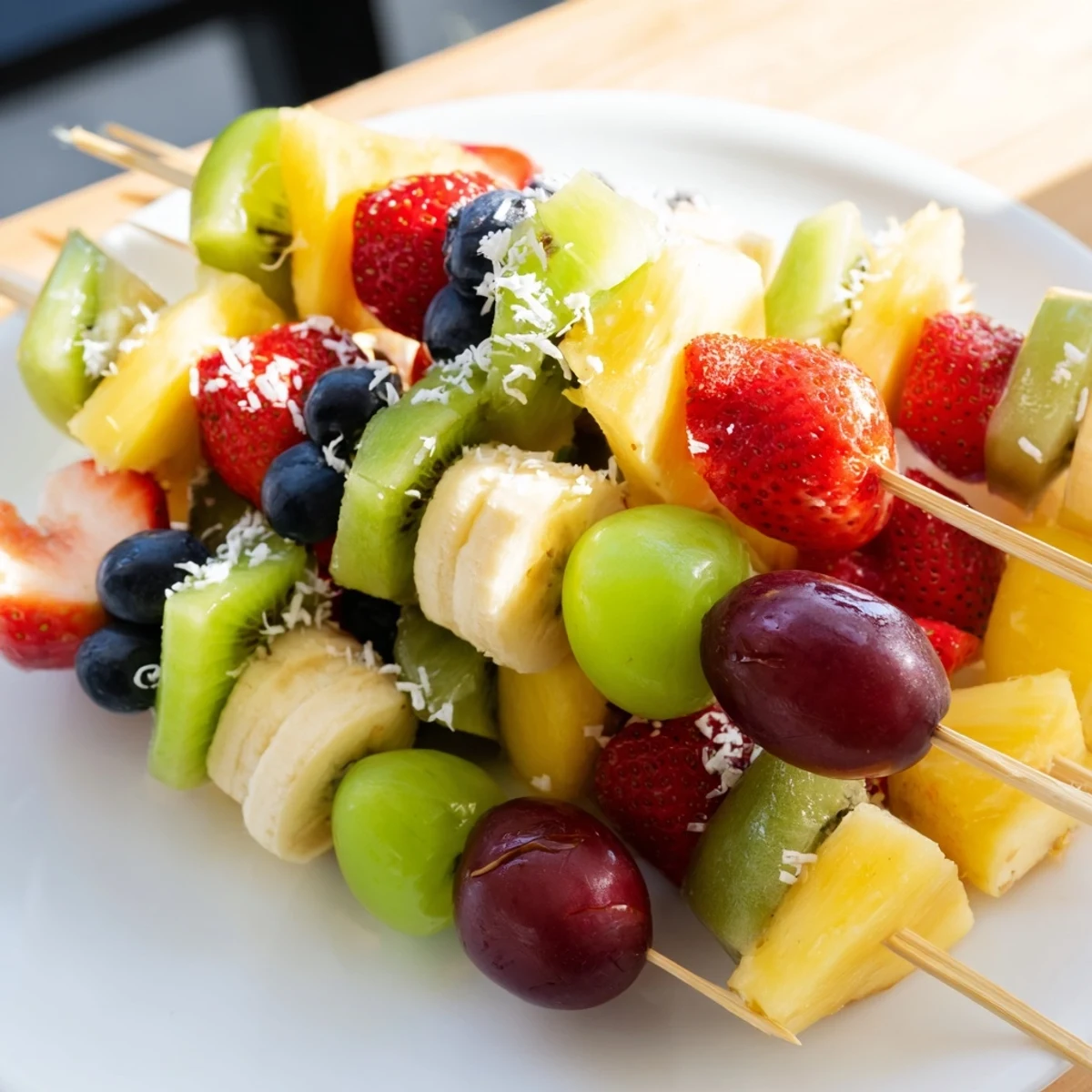 Bright and colorful easy festive fruit kabobs ready to eat, a refreshing snack or dessert.