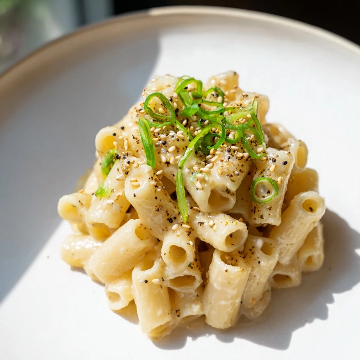 Creamy miso ditalini, a bowl of pasta with miso sauce, garnished with sesame seeds and scallions.