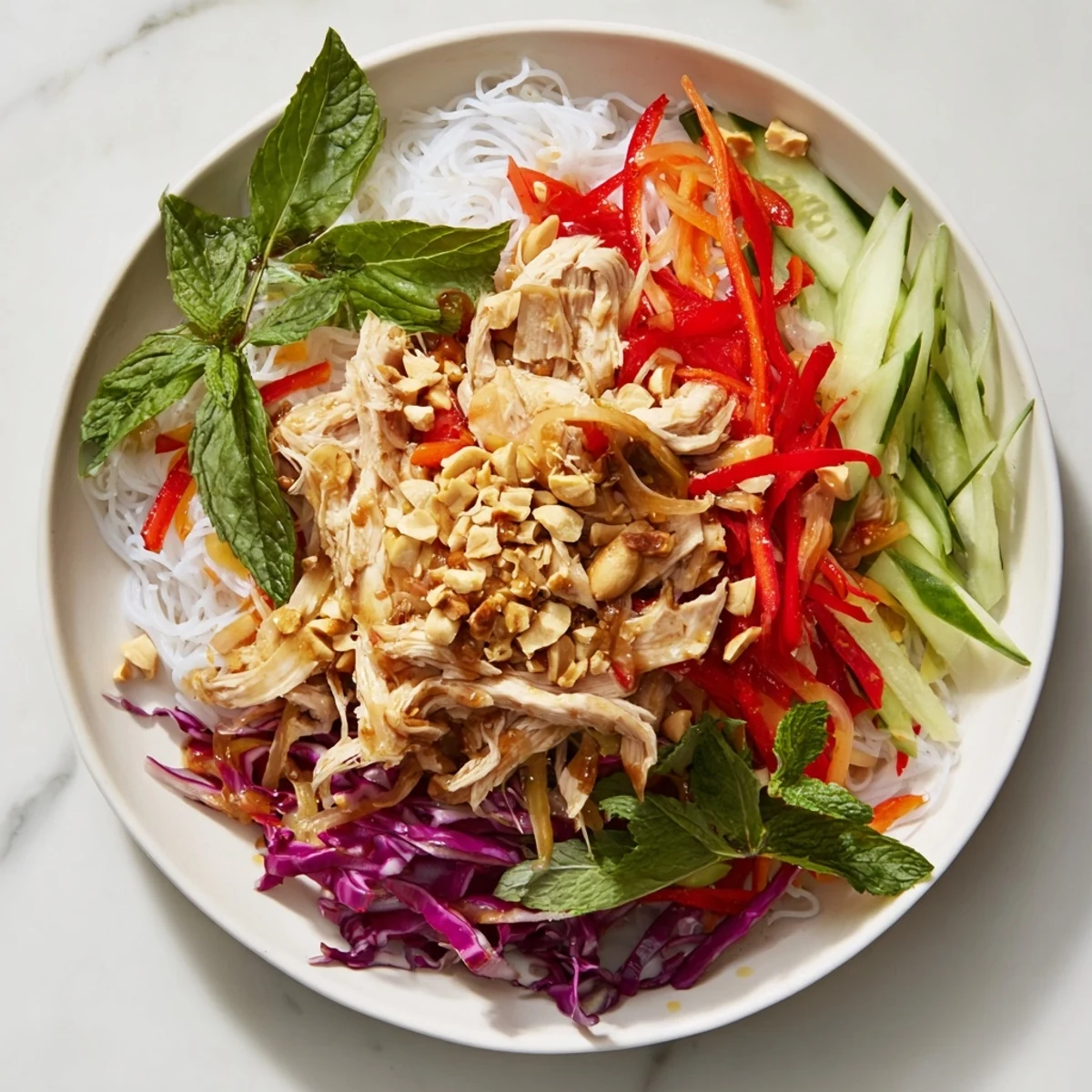 A colorful bowl of Vietnamese Crunch Noodle Salad with Shredded Chicken, ready to enjoy with a burst of fresh flavors.