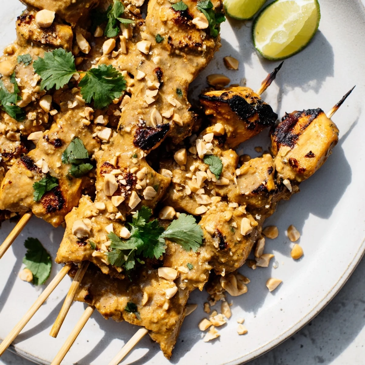 Close-up of grilled Spicy Peanut Satay Chicken Skewers, showing tender chicken with a glaze of sauce.