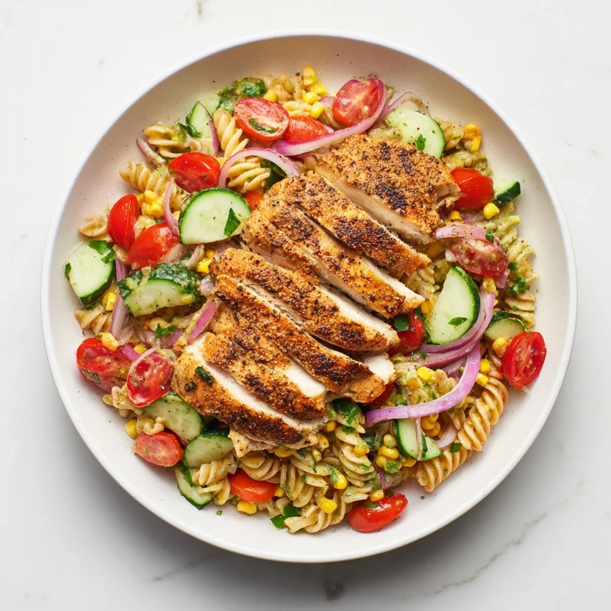 Creamy Peruvian Aji Verde Chicken Pasta Salad, bursting with vibrant vegetables and herby sauce.