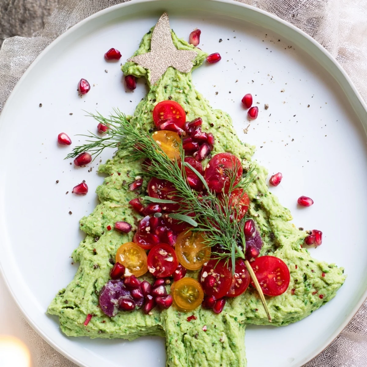 Vibrant Christmas tree dip: creamy whipped avocado adorned with colorful festive toppings.