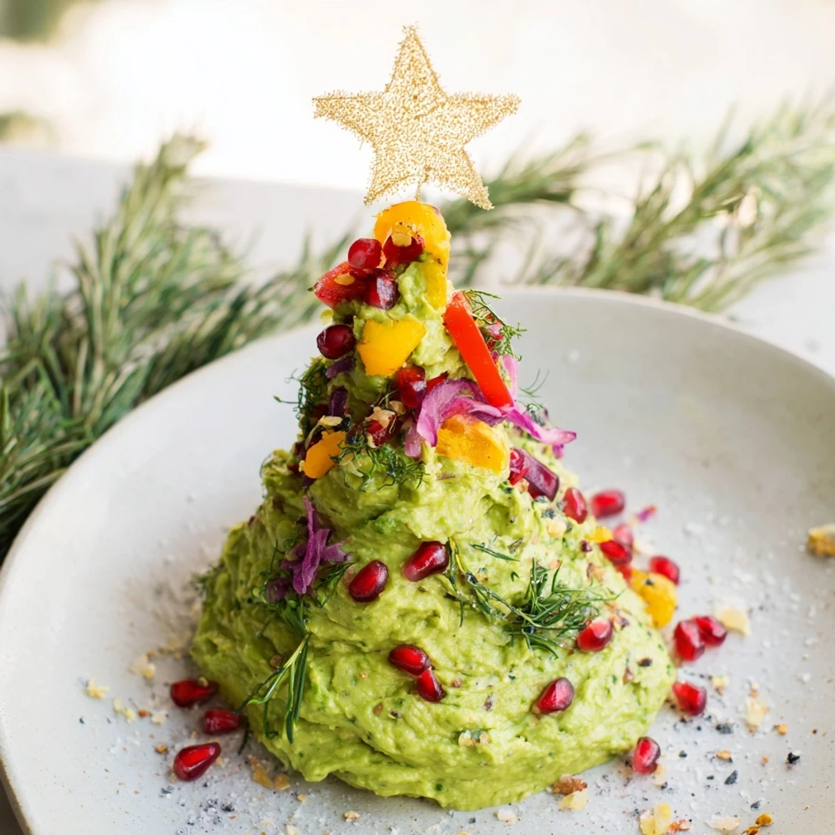 Festive holiday appetizer displaying a delicious whipped avocado Christmas tree dip, ready to be enjoyed.