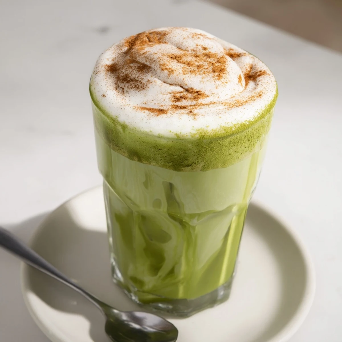 Close-up of a refreshing Cinnamon Roll Iced Matcha, topped with fluffy, cinnamon-kissed protein foam.