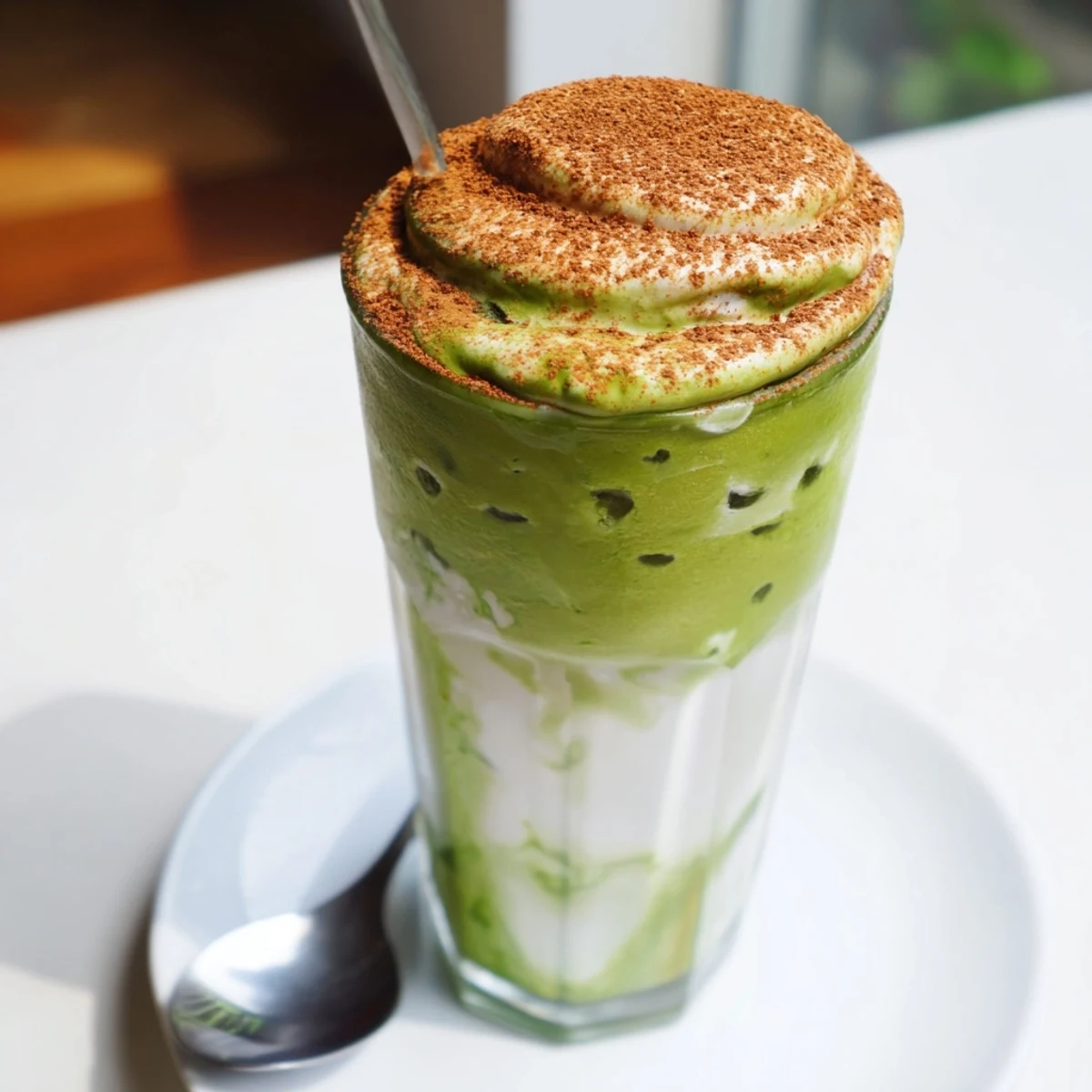 Enjoy a frothy Cinnamon Roll Iced Matcha, perfect for a guilt-free indulgence, garnished with cinnamon.