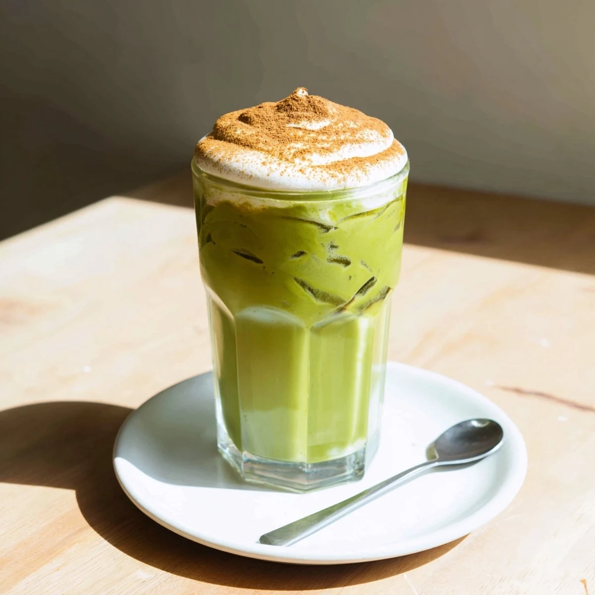 A tall glass of layered Cinnamon Roll Iced Matcha, showcasing vibrant green matcha and creamy foam.