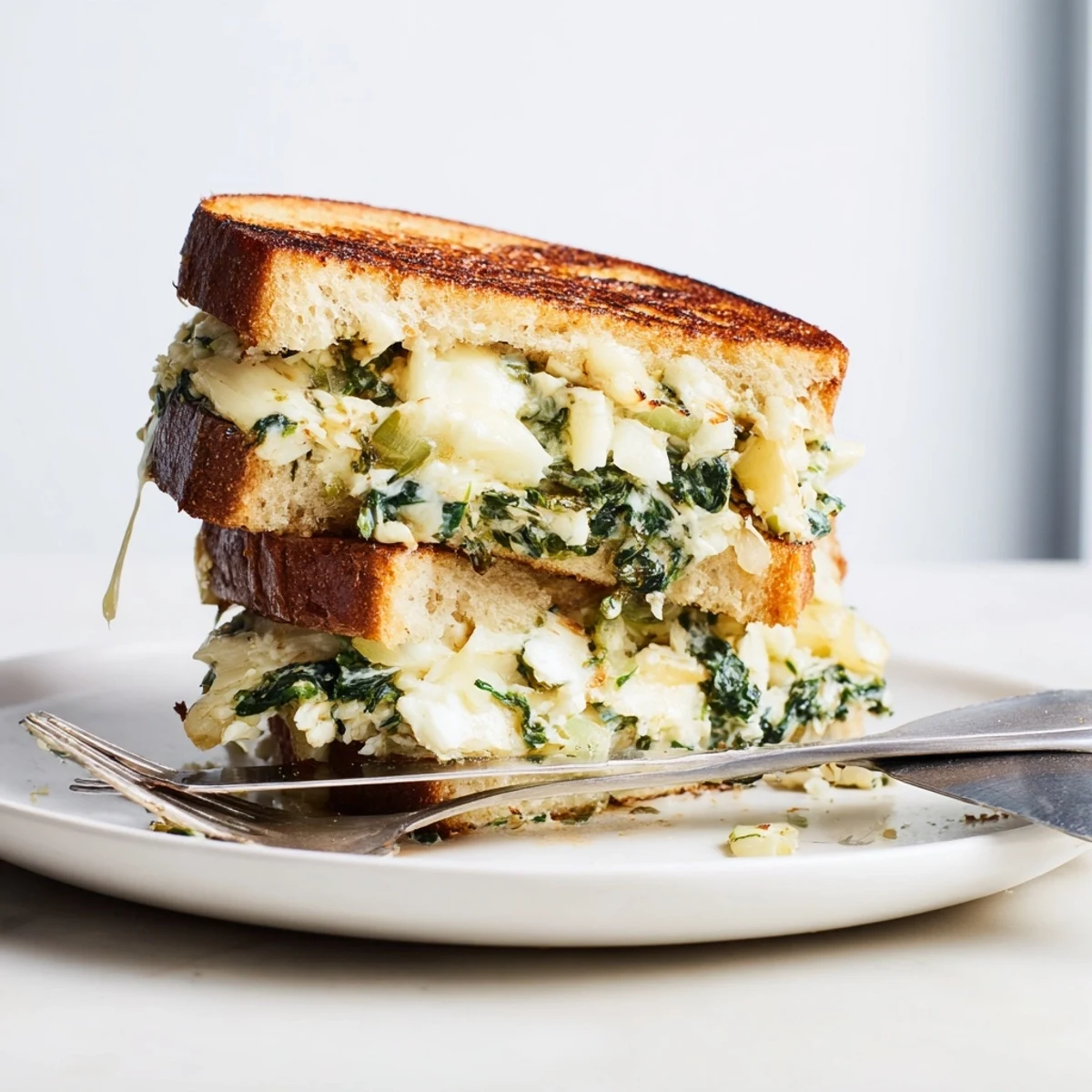 Warm, melty Spinach Artichoke Dip Grilled Cheese served with a side of crispy, golden sourdough.