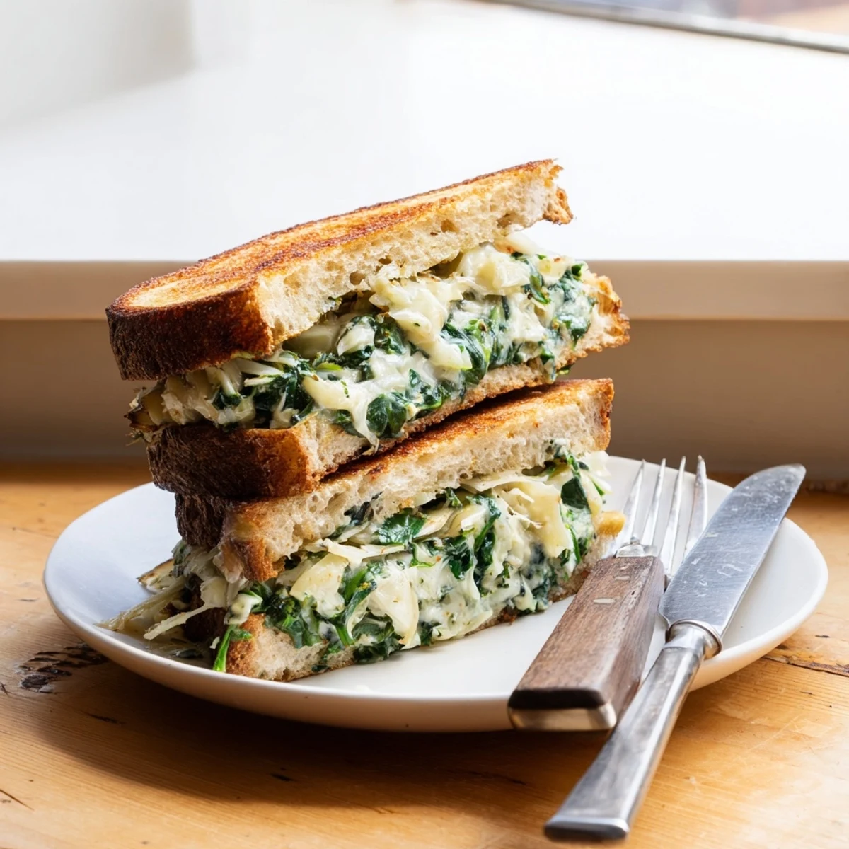 Golden, grilled sourdough Spinach Artichoke Dip Grilled Cheese shows cheese pull, oozing creamy goodness.