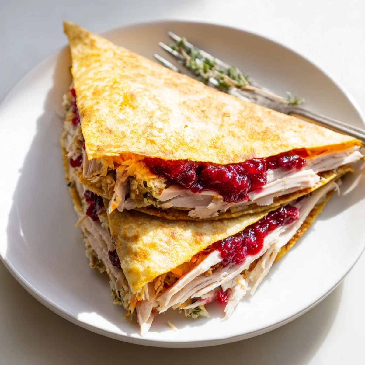 Savory Turkey, Stuffing & Cranberry Leftovers Tortilla Wrap, ready to eat with a drizzle of gravy next to it.