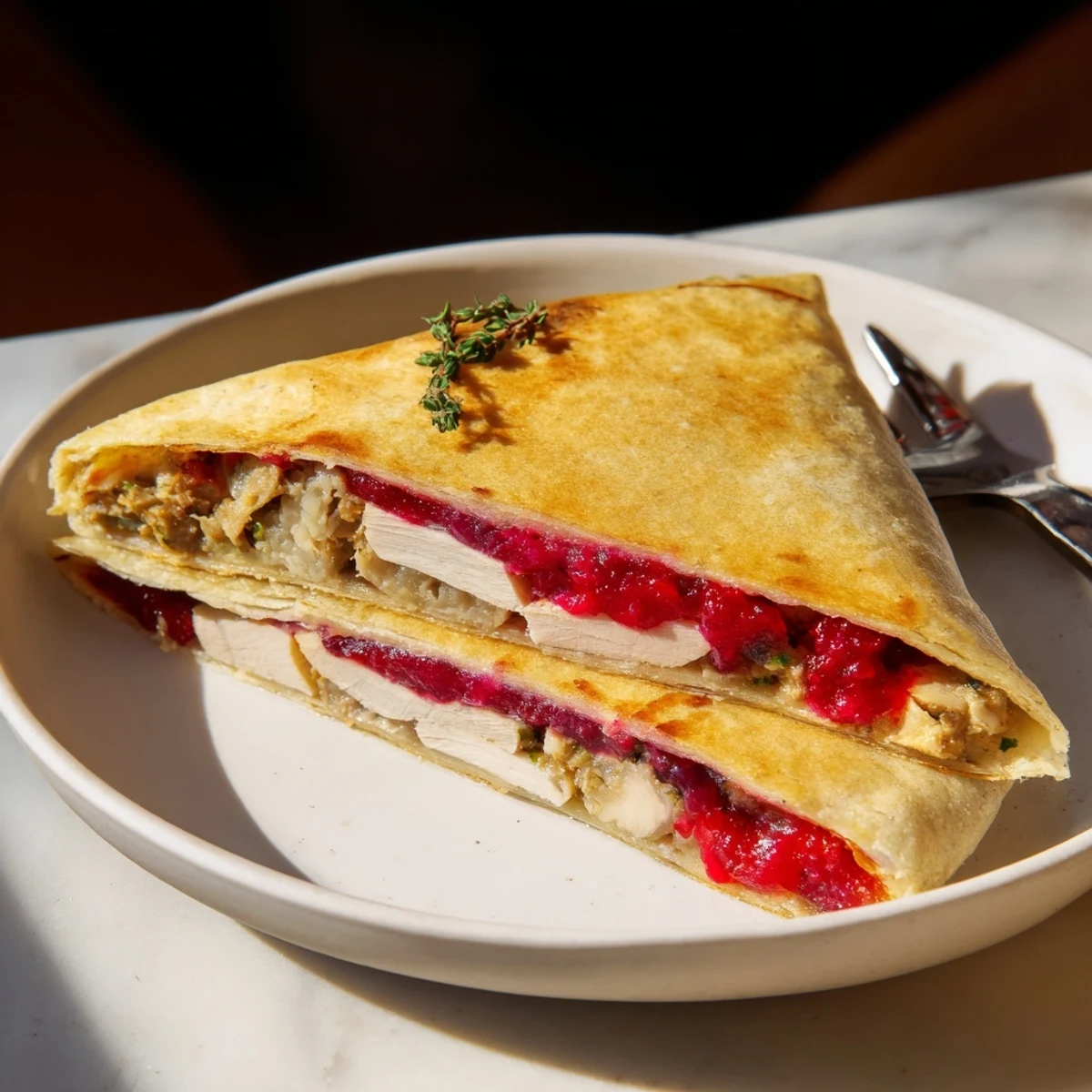 Melted cheese with turkey and stuffing in the Turkey, Stuffing & Cranberry Leftovers Tortilla Wrap, a delicious holiday hack.