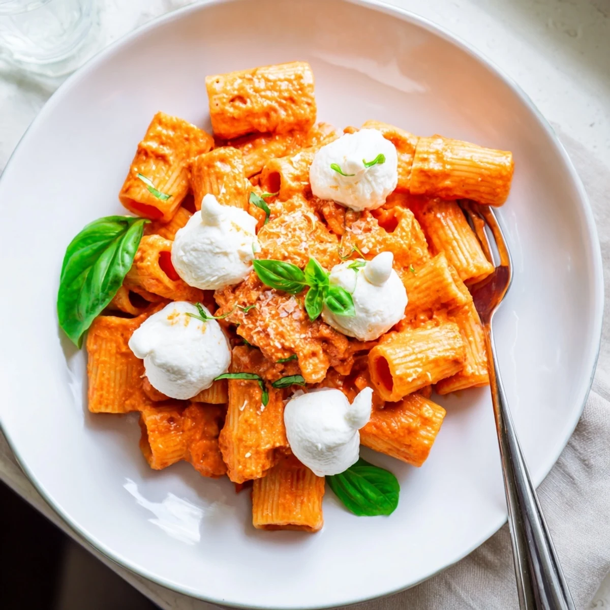 Vibrant image of Creamy Roasted Red Pepper Santa Hat Pasta with creamy ricotta "Santa hats" ready to eat.
