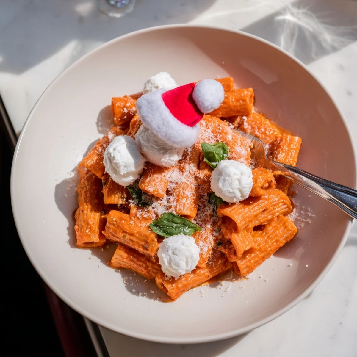Delicious Creamy Roasted Red Pepper Santa Hat Pasta swirls, with creamy ricotta accents and fresh basil garnish.