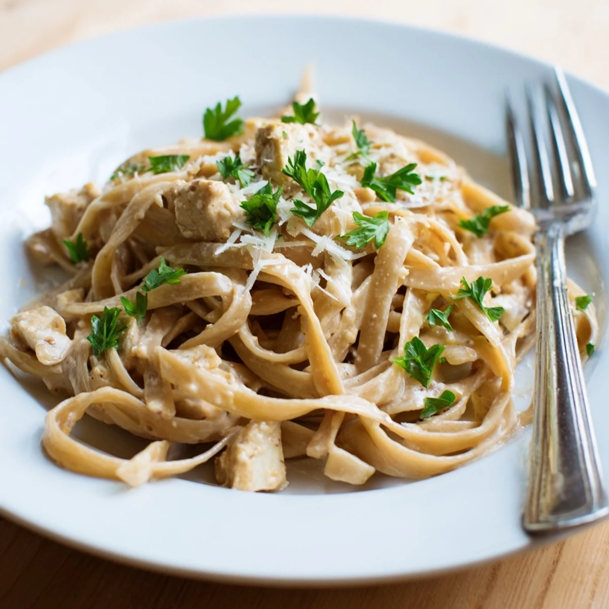 Skinny Alfredo garlic Parmesan snowy pasta, a comforting bowl of creamy, cheesy fettuccine, ready to eat!