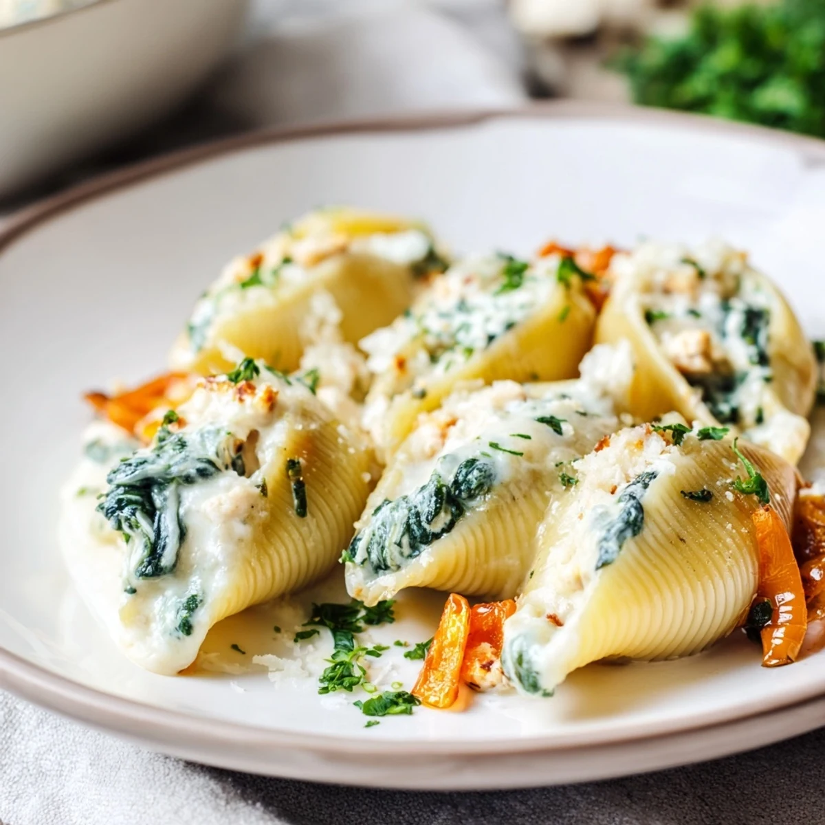Delicious High-Protein Cottage Cheese Alfredo Christmas Shells, bubbly and golden, ready for a festive feast.