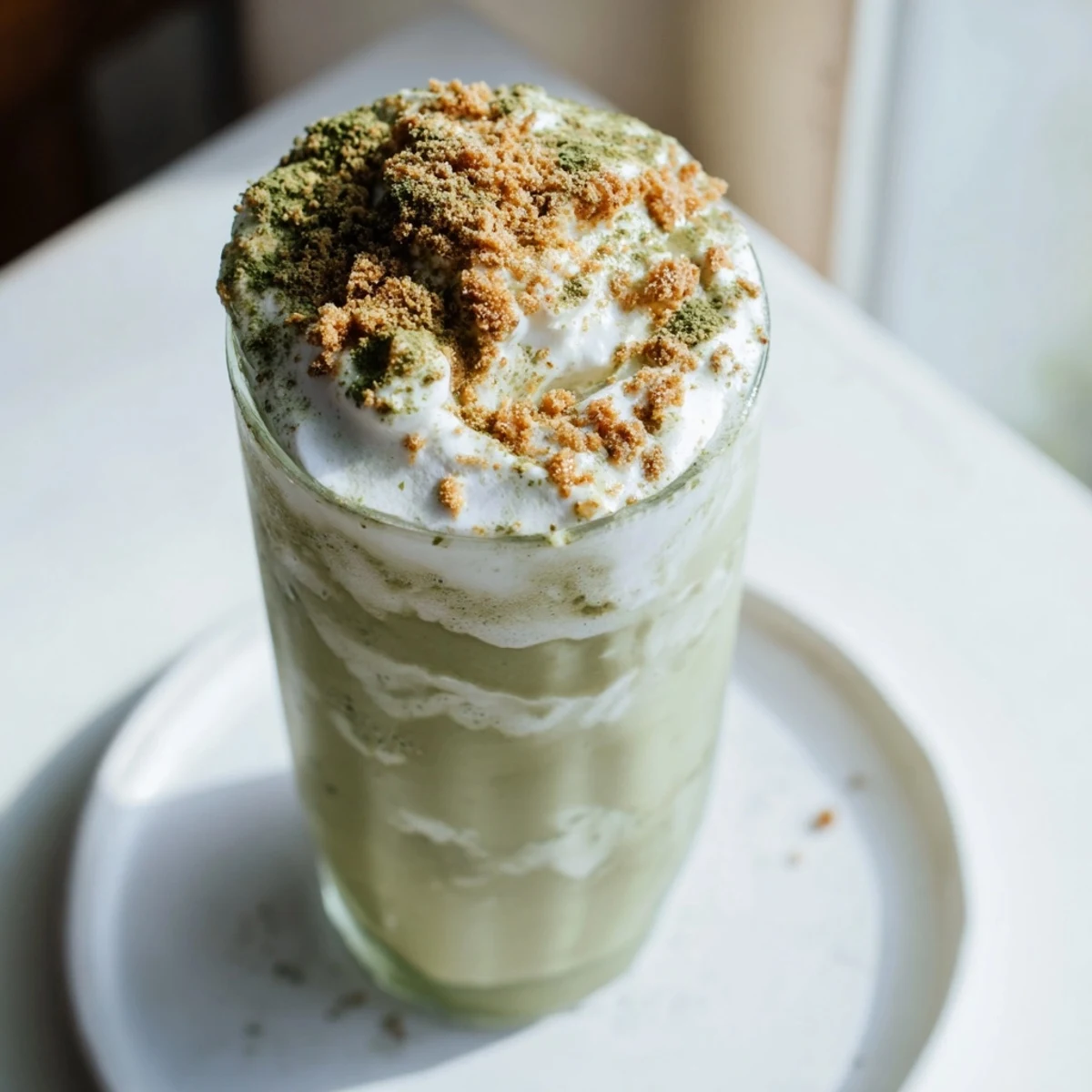 Frothy Sugar-Free Gingerbread Cookie Matcha Frappe, creamy and layered, ready to refresh with holiday spices.
