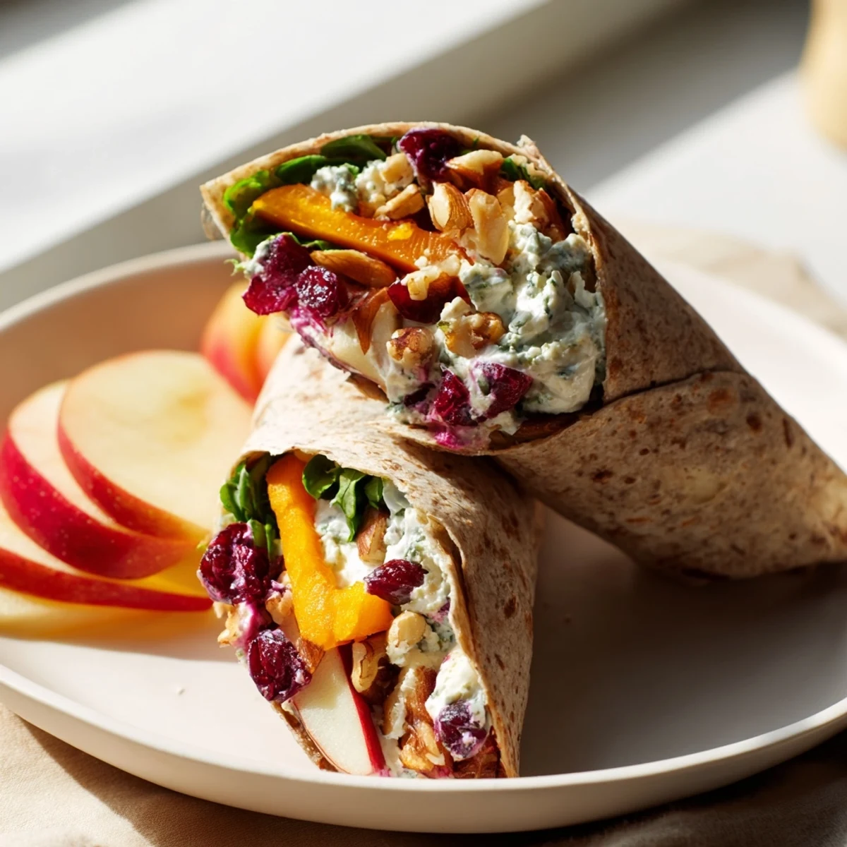 Cranberry Goat Cheese & Walnut Holiday Wrap: Creamy goat cheese and sweet cranberries nestled inside a festive wrap.