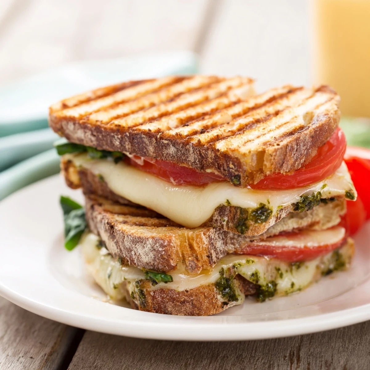 Melted mozzarella oozing from a golden Caprese Pesto Panini-Style Grilled Cheese, ready to eat!