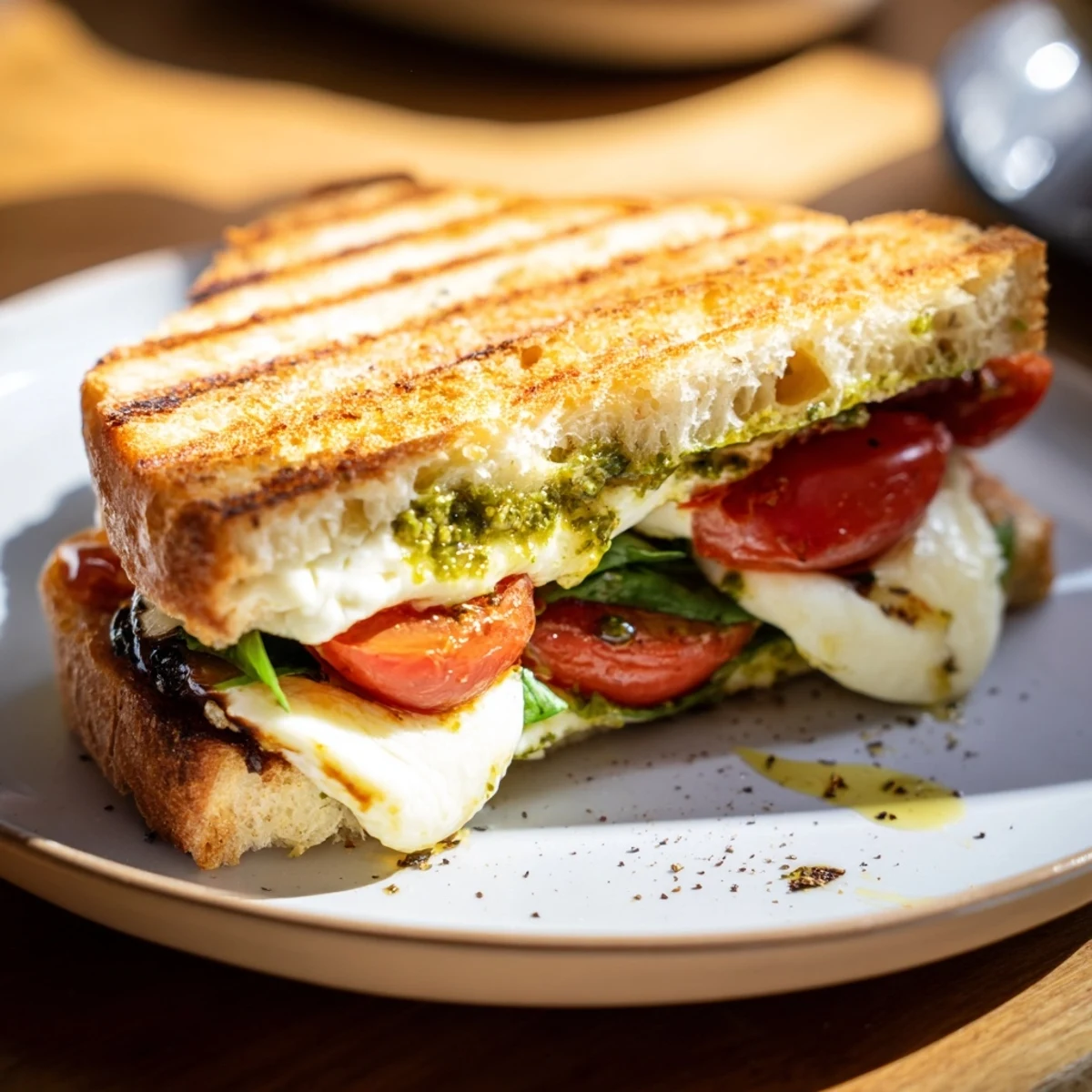 Crispy, golden-brown bread surrounds a flavorful Caprese Pesto Panini-Style Grilled Cheese with fresh basil.