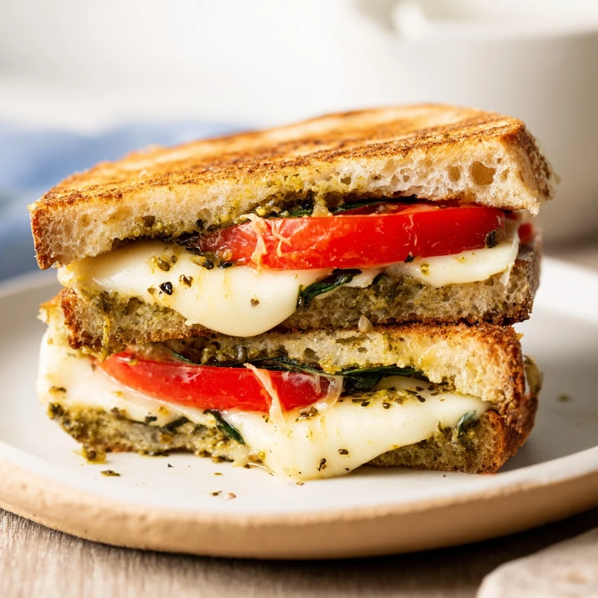 A delicious, hot Caprese Pesto Panini-Style Grilled Cheese with tomato, pesto, and melted cheese, perfect lunch.