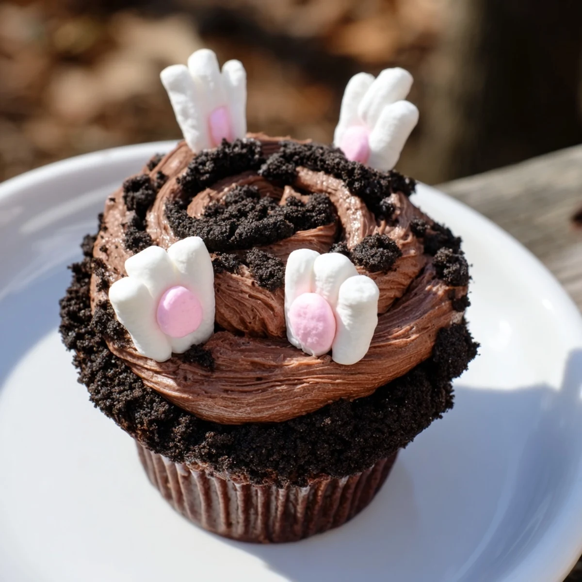 Bunny Burrow Cupcake Tray: Adorable chocolate cupcakes with buttercream frosting and fondant bunny feet, perfect for Easter.