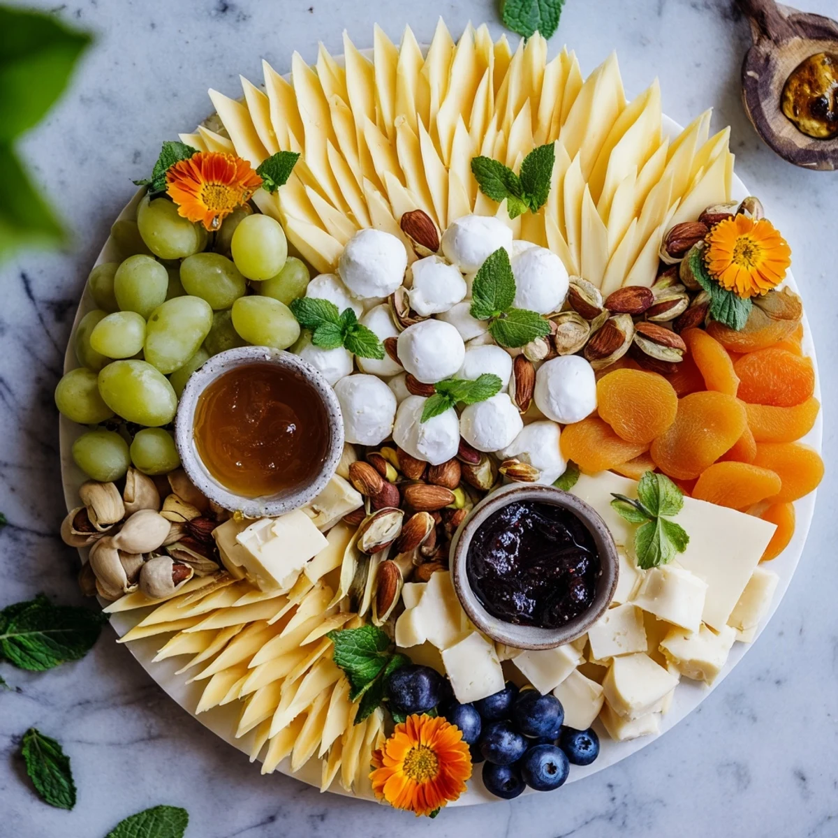 Elegant Daffodil Cheese Board presentation: a visually stunning appetizer featuring cheese, fresh fruit, and nuts.