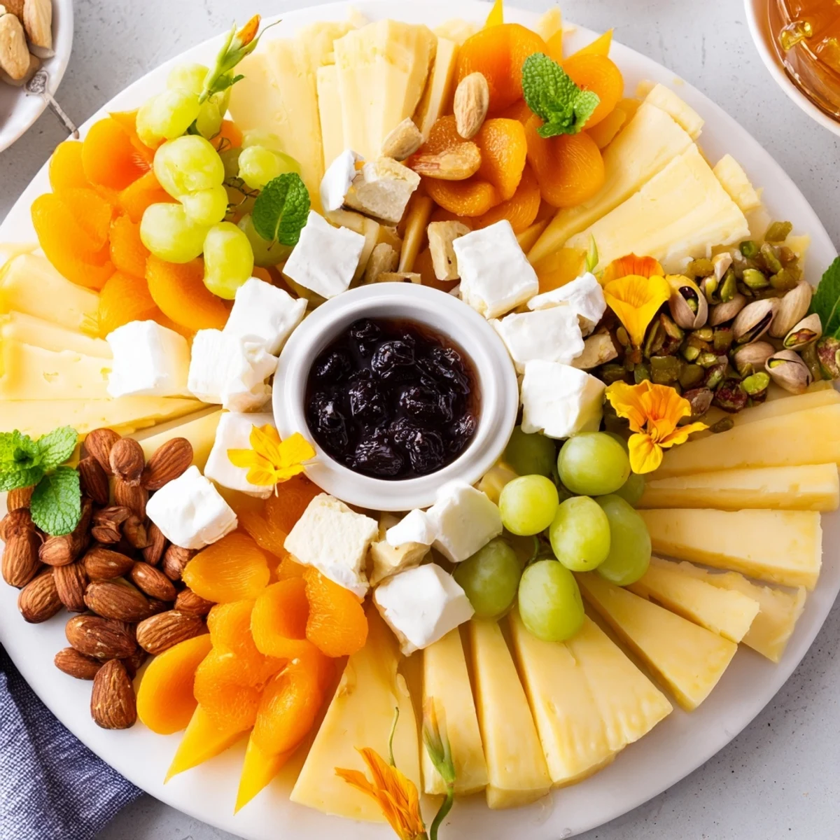 Daffodil Cheese Board: a colorful platter with cheddar "petals" around creamy cheeses, fruits, and crackers.