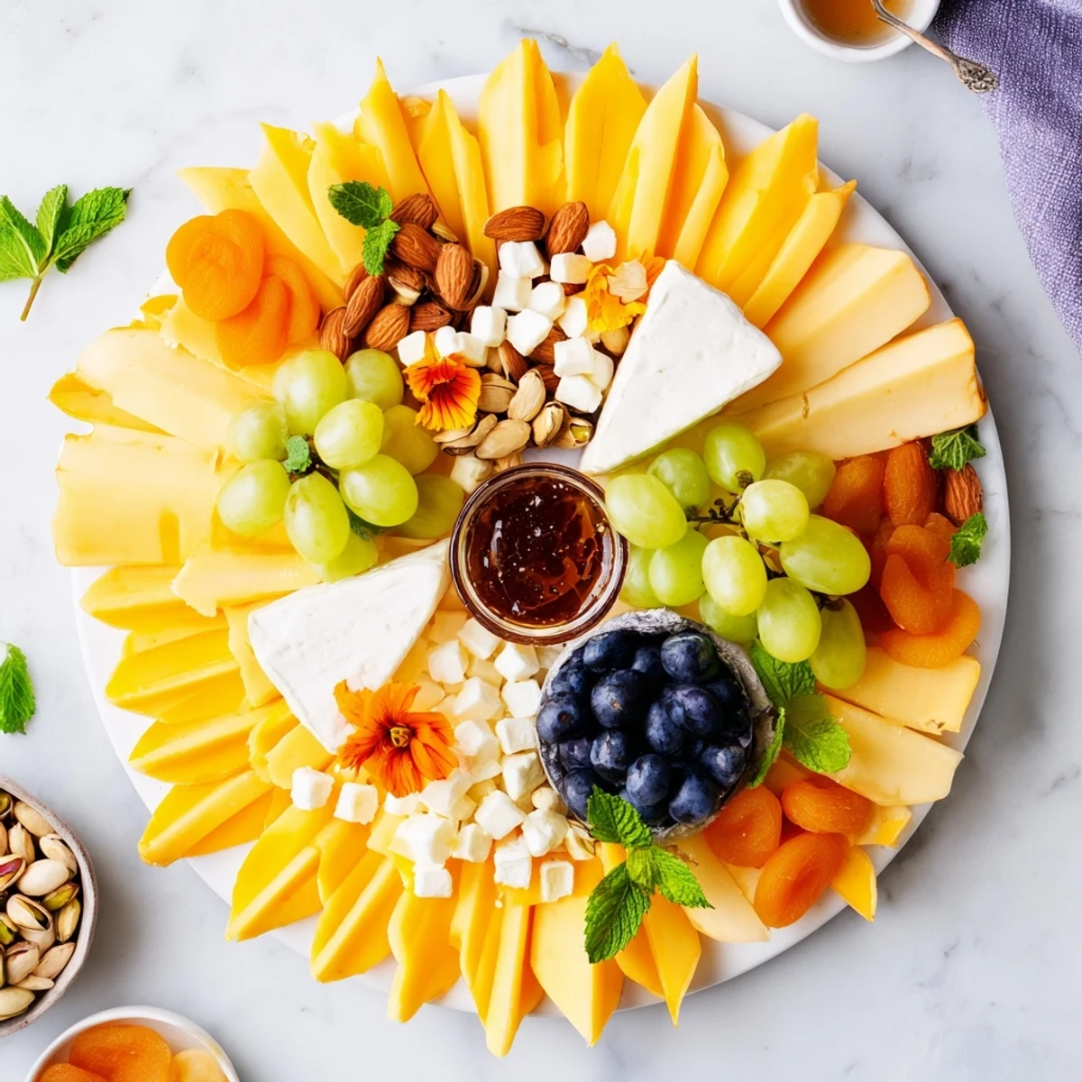 Vibrant Daffodil Cheese Board arranged artfully, a perfect centerpiece for entertaining with delicious flavors.