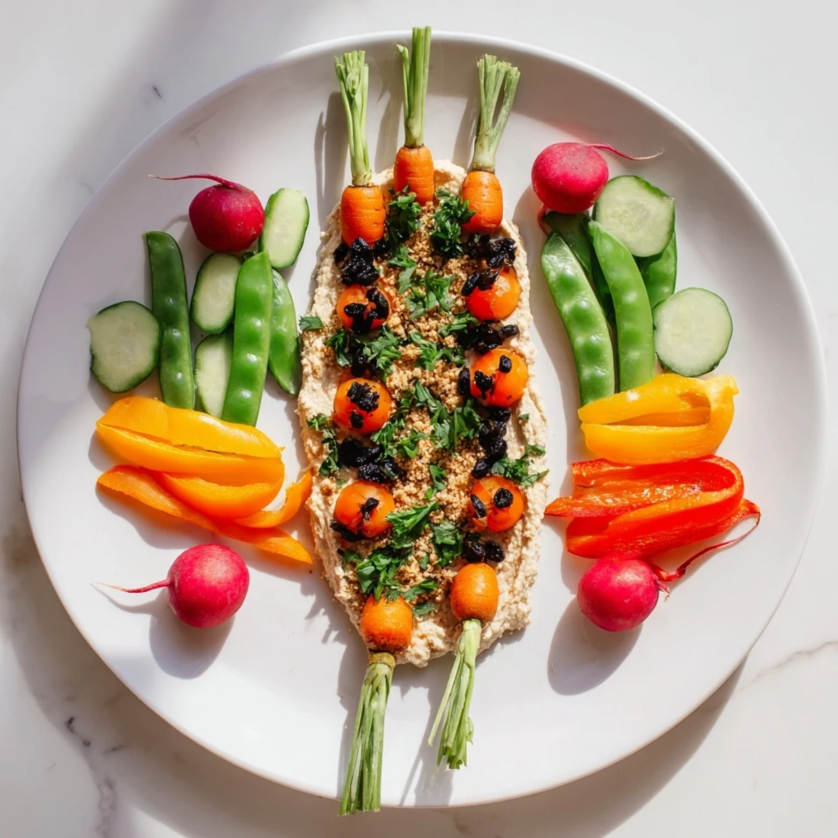 Vibrant Carrot Patch Veggie Board features carrots "growing" from hummus soil, an easy, colorful appetizer.