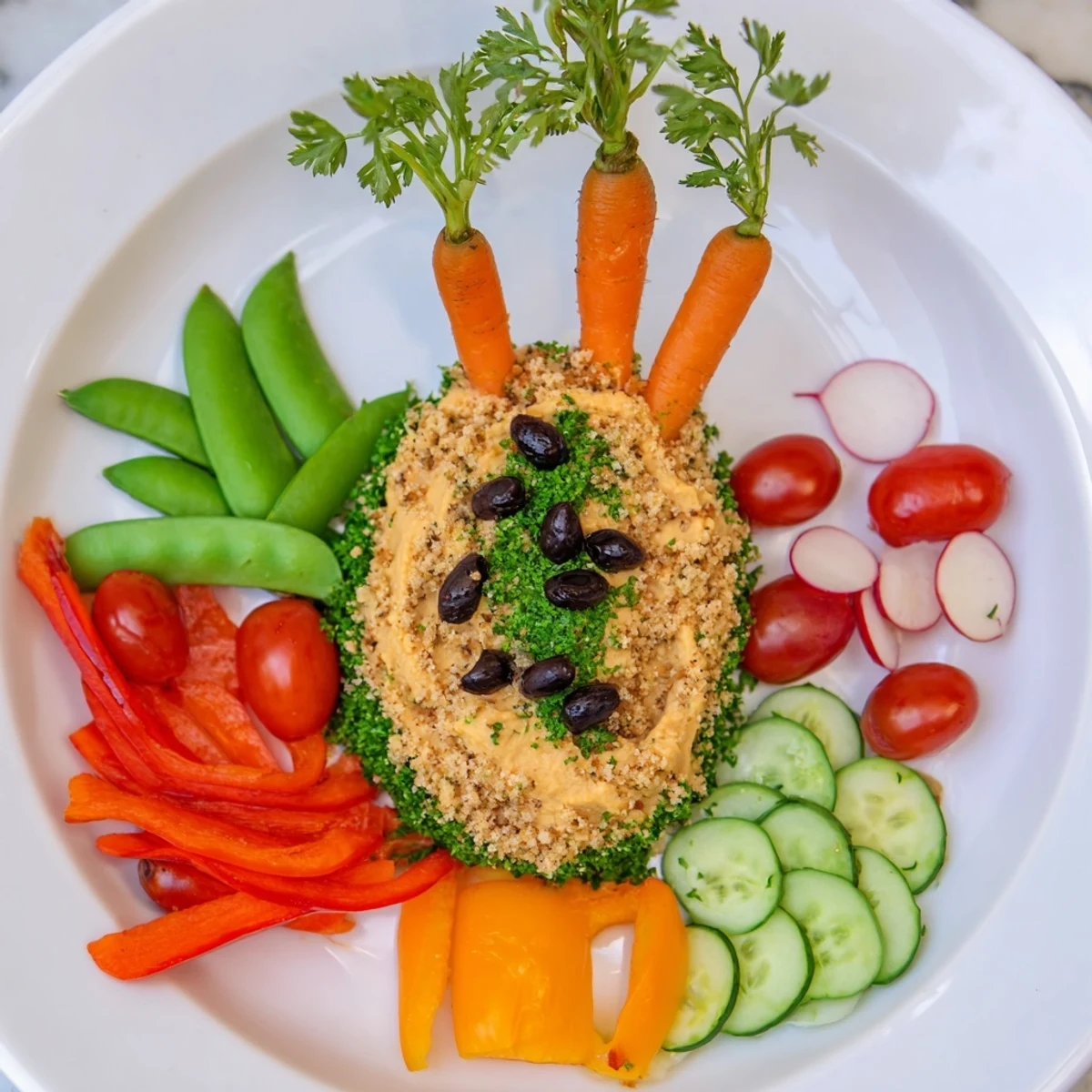 A festive, eye-catching Carrot Patch Veggie Board arrangement, loaded with fresh, crisp veggies and a dip.