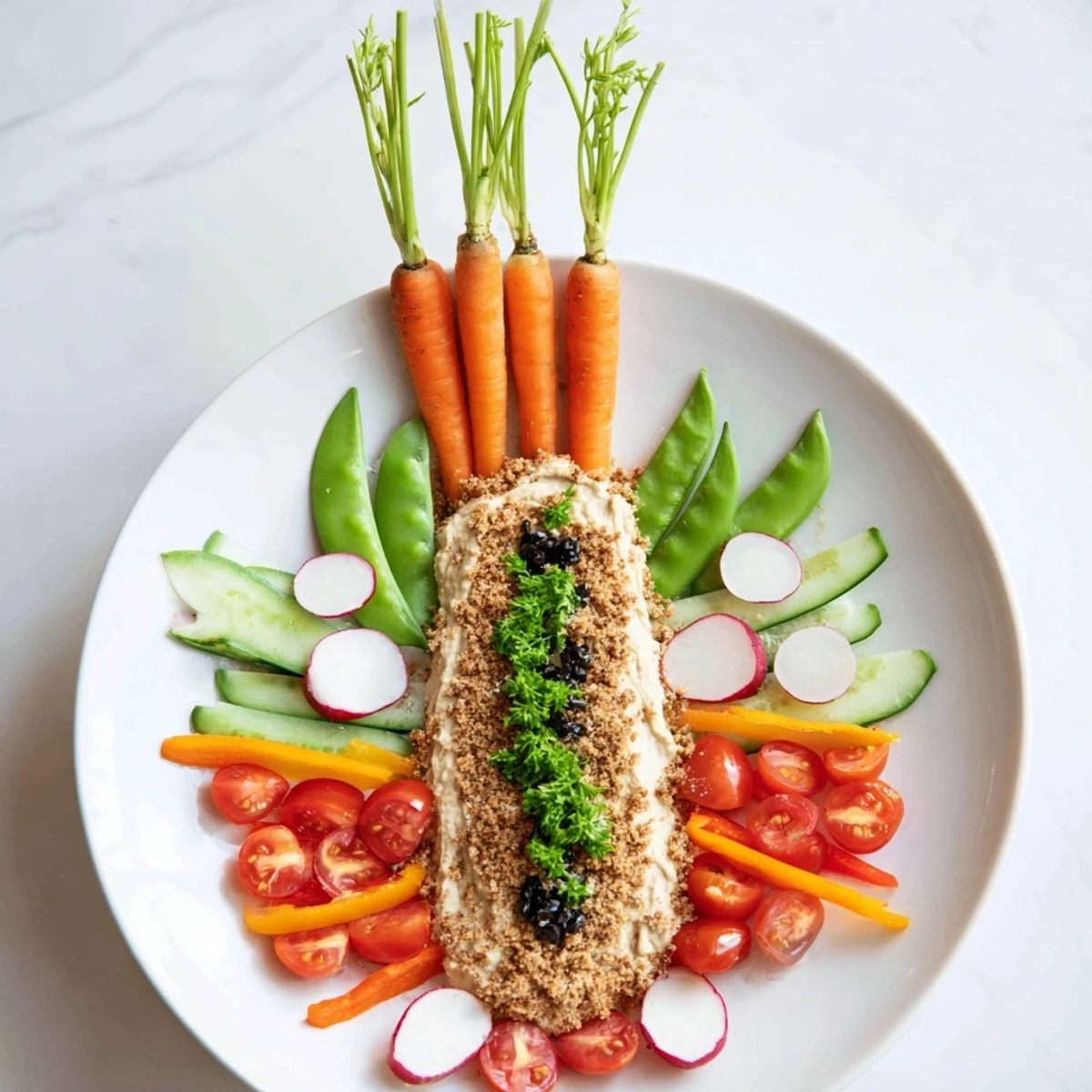 Fresh, colorful vegetables creating a Carrot Patch Veggie Board: perfect for Easter gatherings, or healthy snacking.